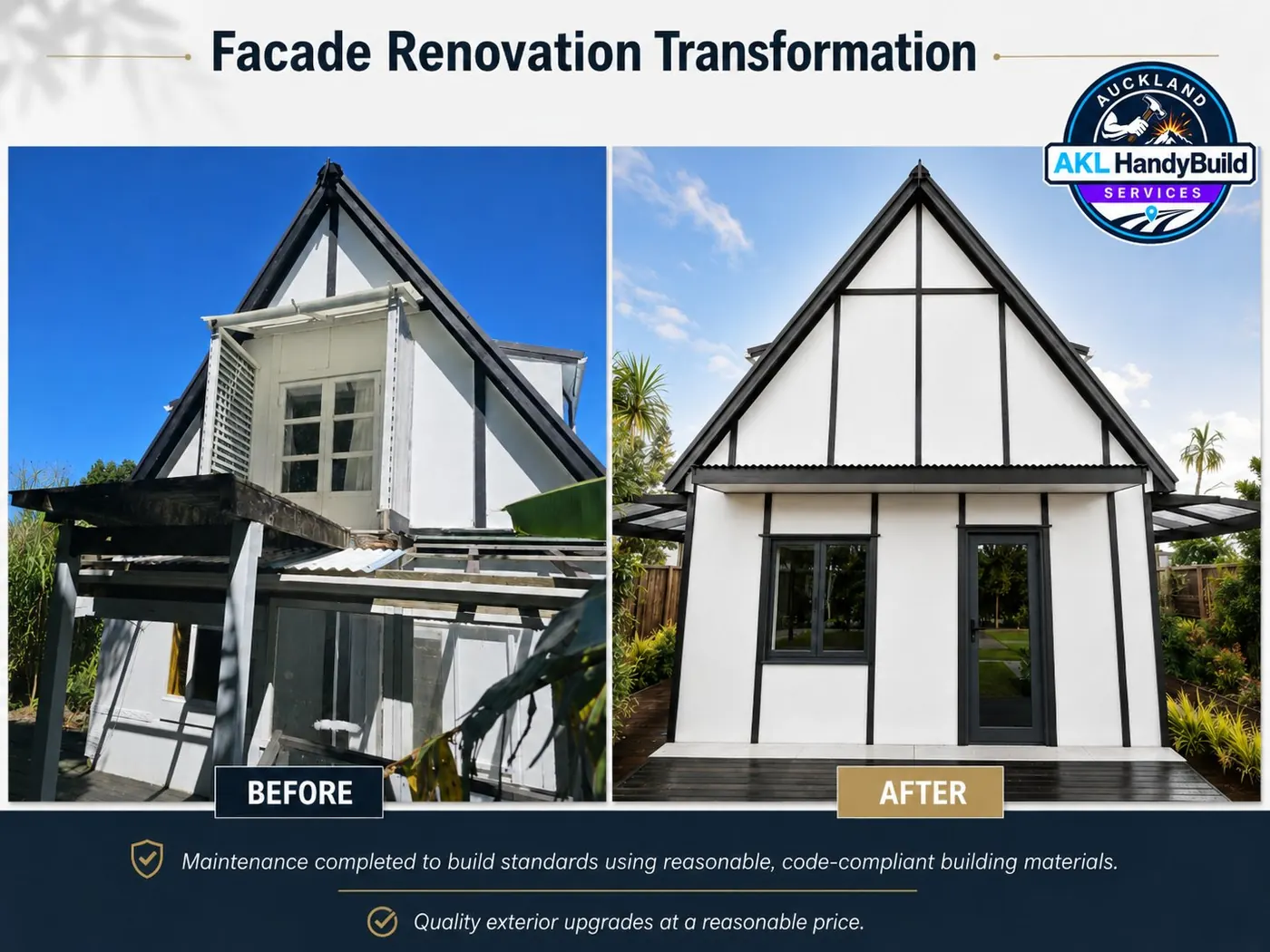 Before and after facade renovation by AKLHANDYBUILD in Greenhithe, North Shore, Auckland