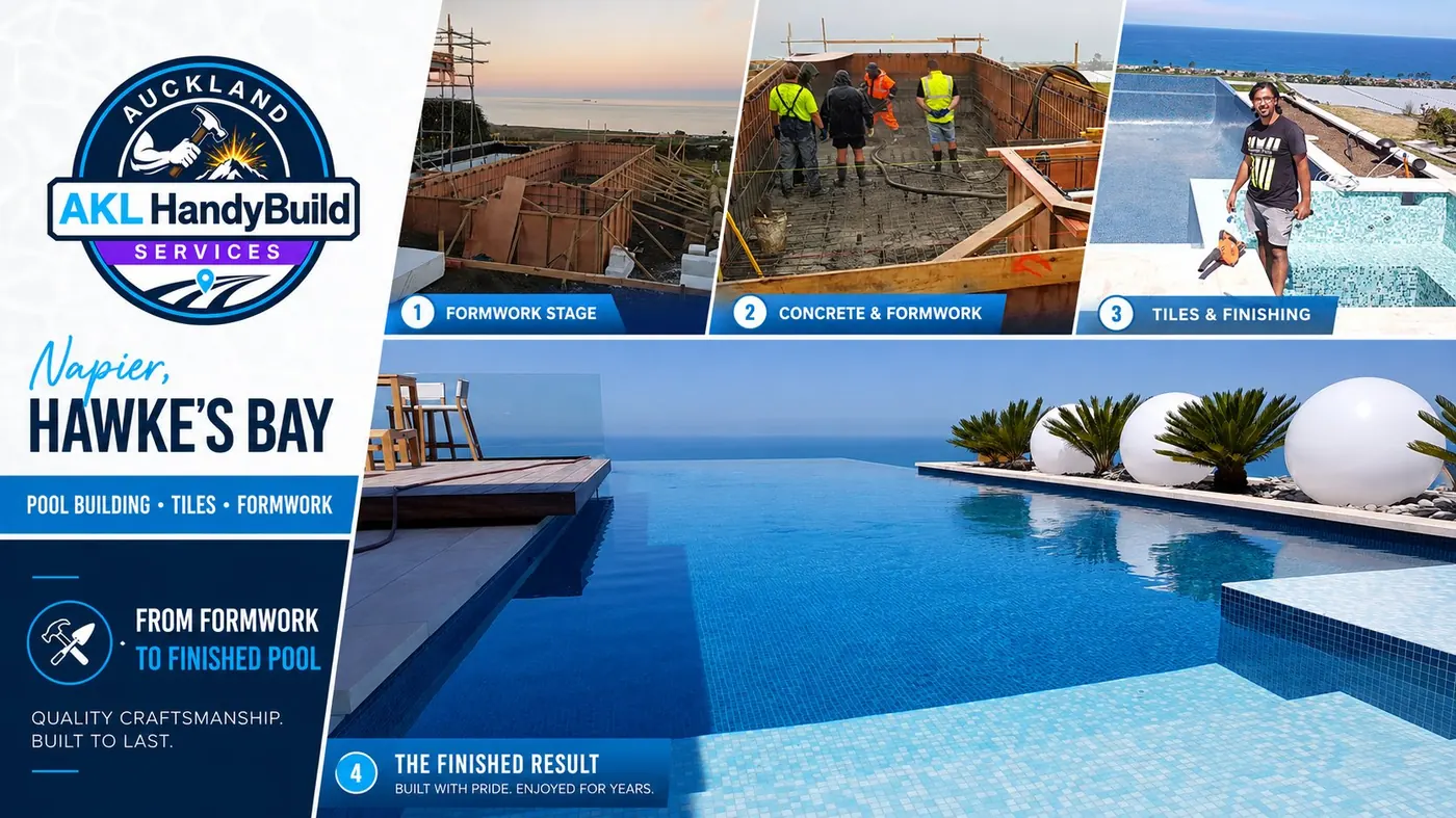 Pool build from formwork to finished infinity pool — Napier, Hawke’s Bay
