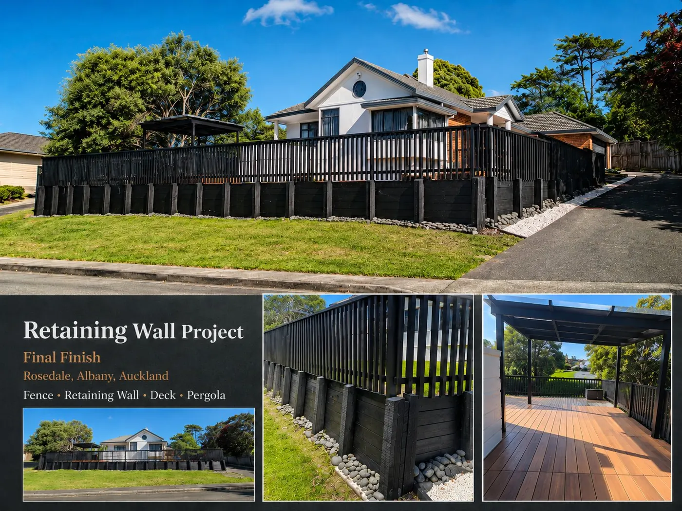 Retaining wall, fence, deck and pergola — Rosedale, Albany, Auckland