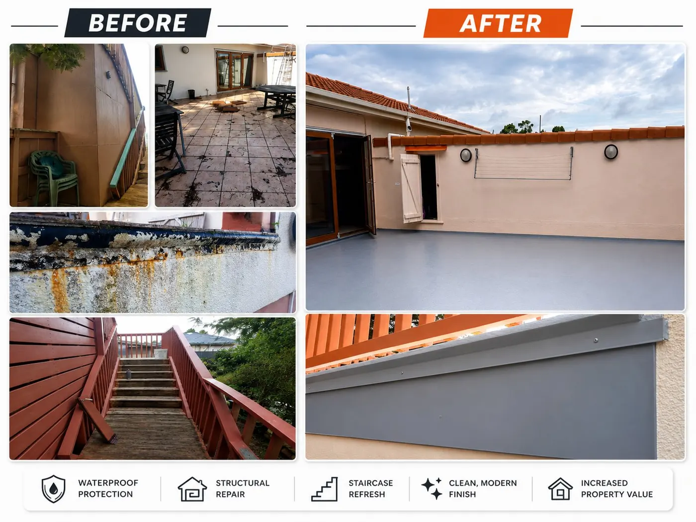 Terrace waterproofing and structural repair, before and after — Auckland