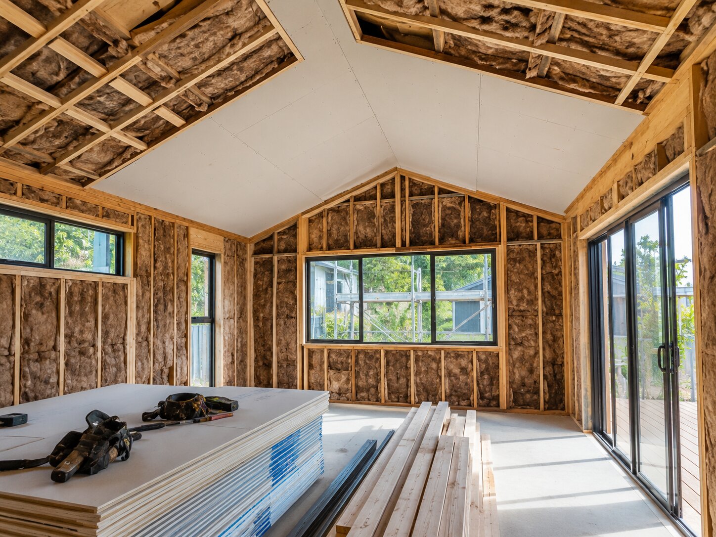 Interior of a new build showing insulation, framing and plasterboard linings