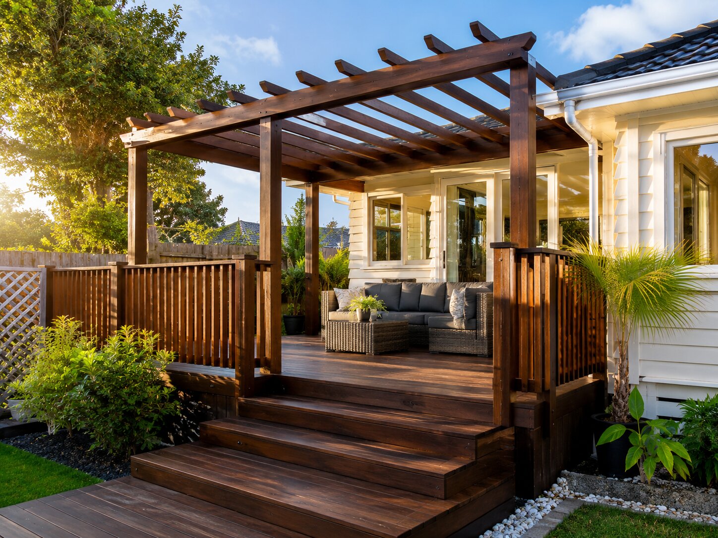 Finished timber pergola and hardwood deck with outdoor seating