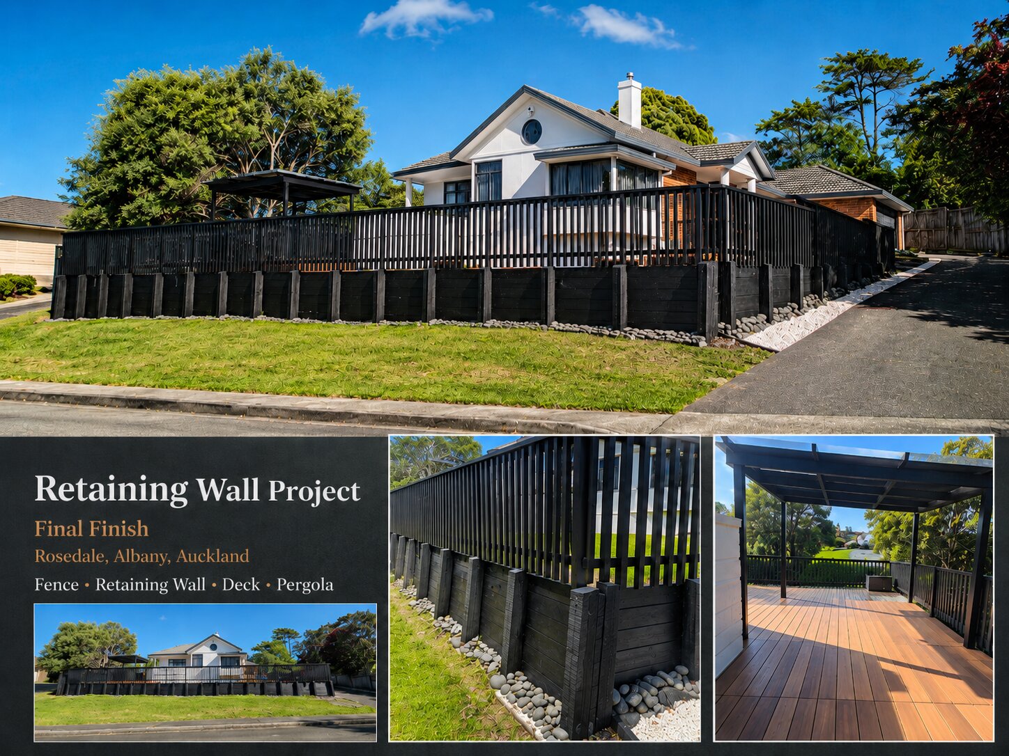 Rosedale retaining wall project — final finish showing fence, retaining wall, deck and pergola