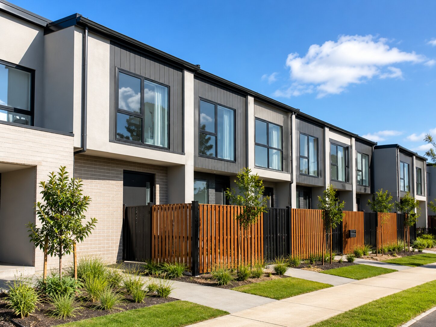 Row of completed modern townhouses with timber and plaster cladding